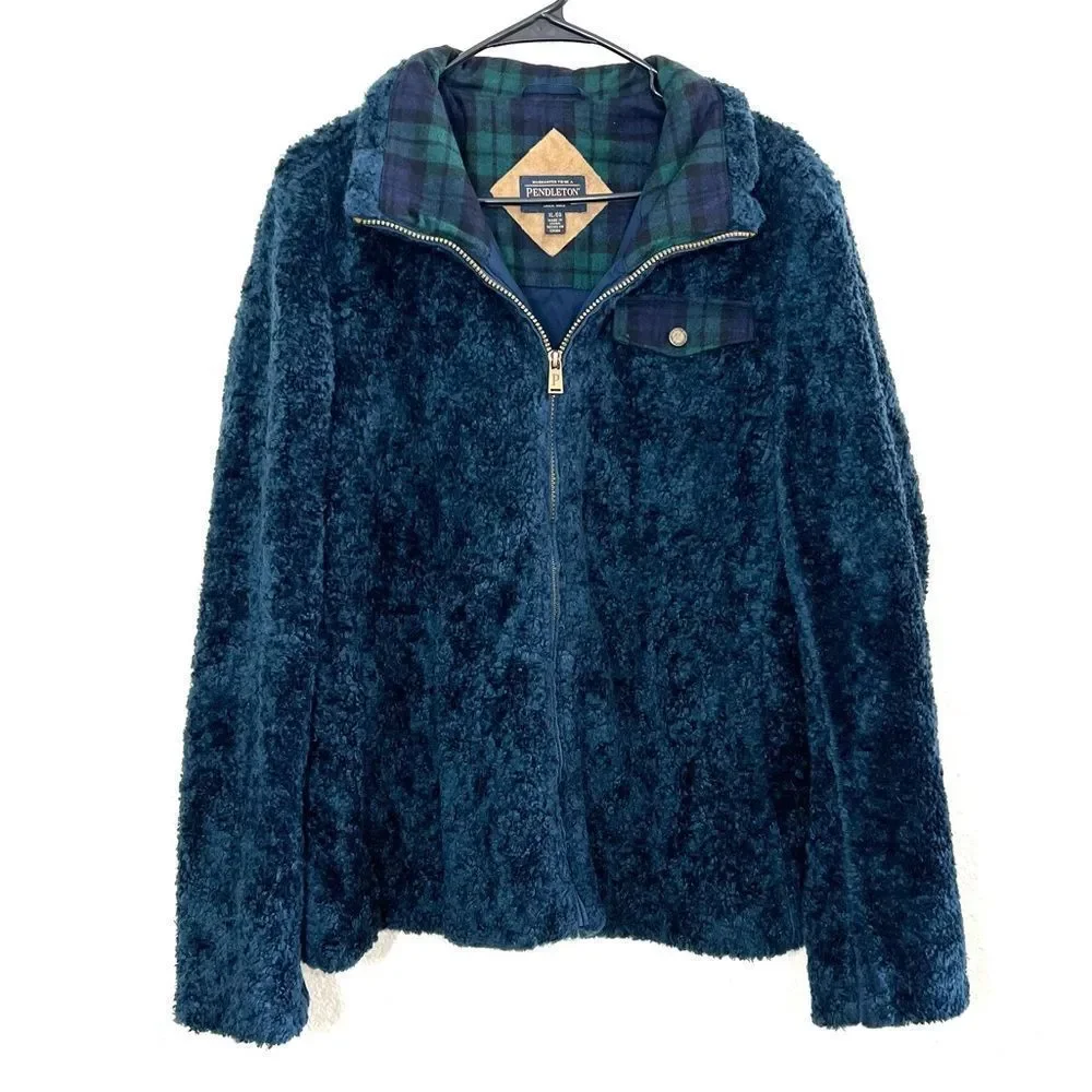 PENDLETON Coat Navy Blue Full Zip Teddy Jacket Wool Plaid Flannel Accents XL